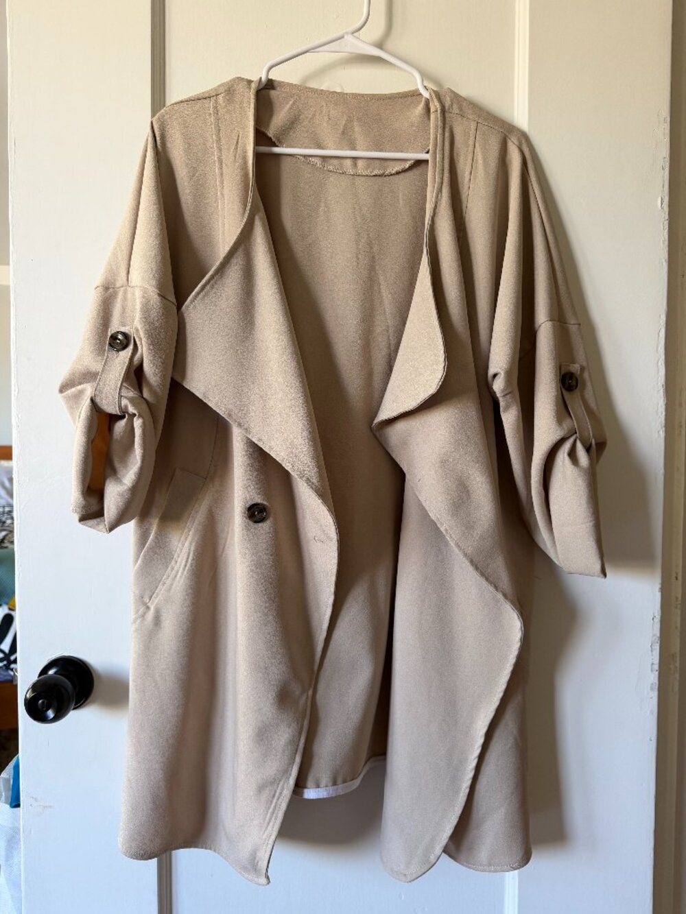 Vintage Waterfall Collar Duster Trench Coat – Roll-Tab Sleeves